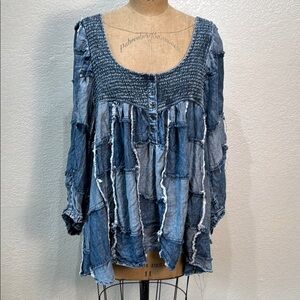 A Rare Bird Blue Smocked Patchwork Keyhole Women's Top One Size